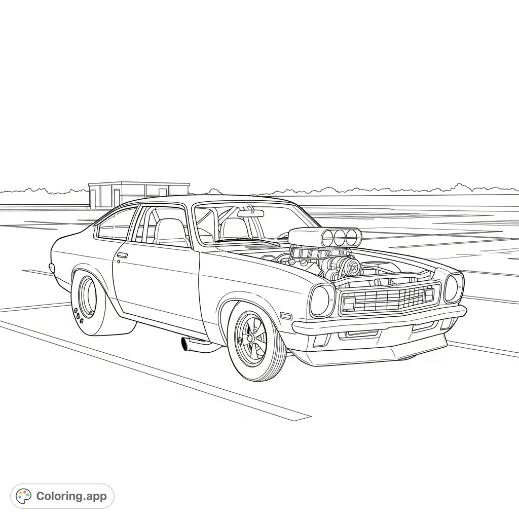 A powerful 1972 Vega drag car with a prominent cowl hood and slammed stance, ready for action in a parking lot. Perfect for muscle car and racing enthusiasts.