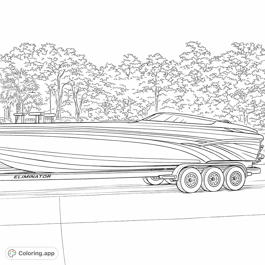 Color a realistic, high-performance powerboat on its trailer, set against a natural backdrop of trees. Perfect for enthusiasts of speed and marine engineering.