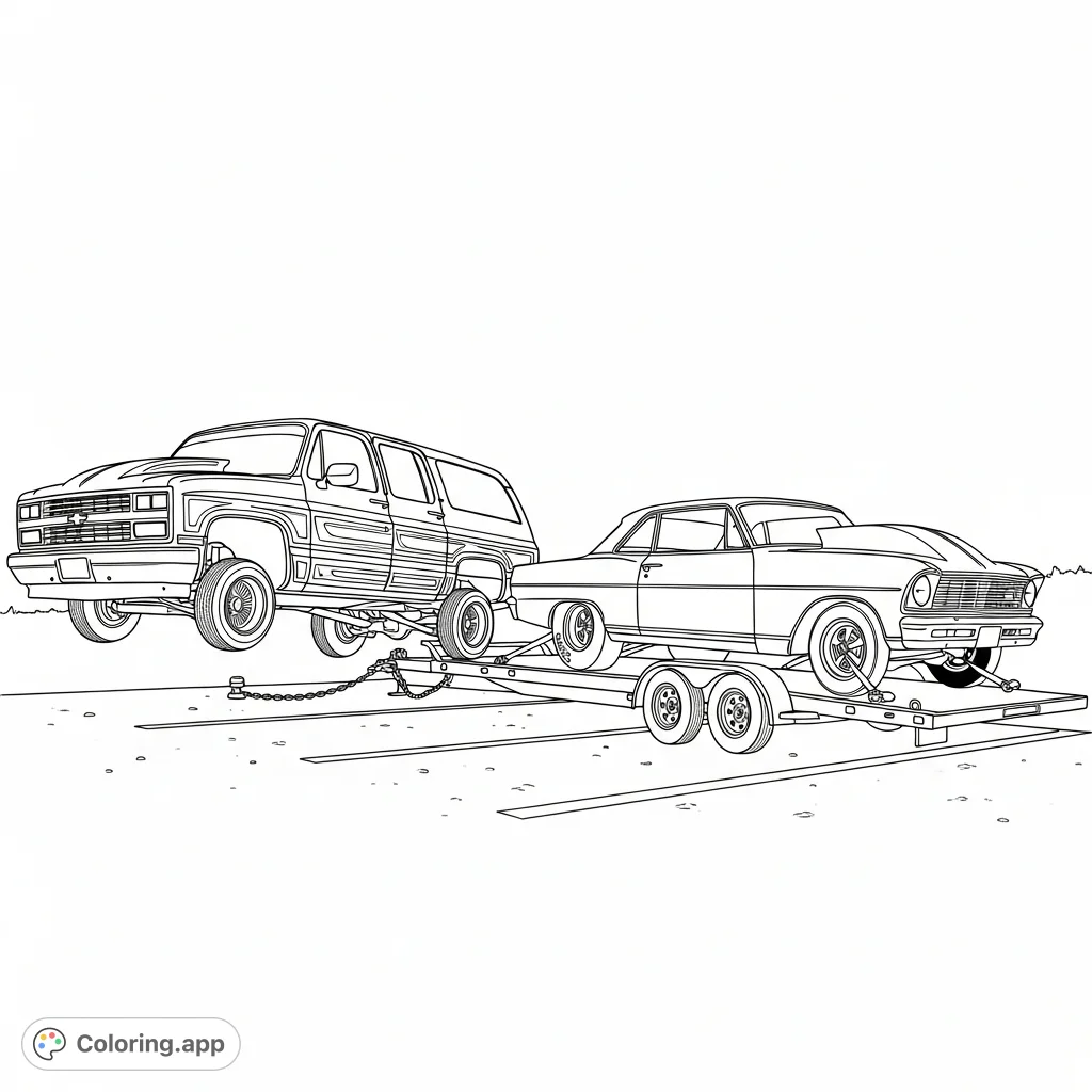 A detailed lowrider 1990 Chevy Suburban towing a powerful 1966 Nova drag car on a trailer in a parking lot, ready for custom colors.