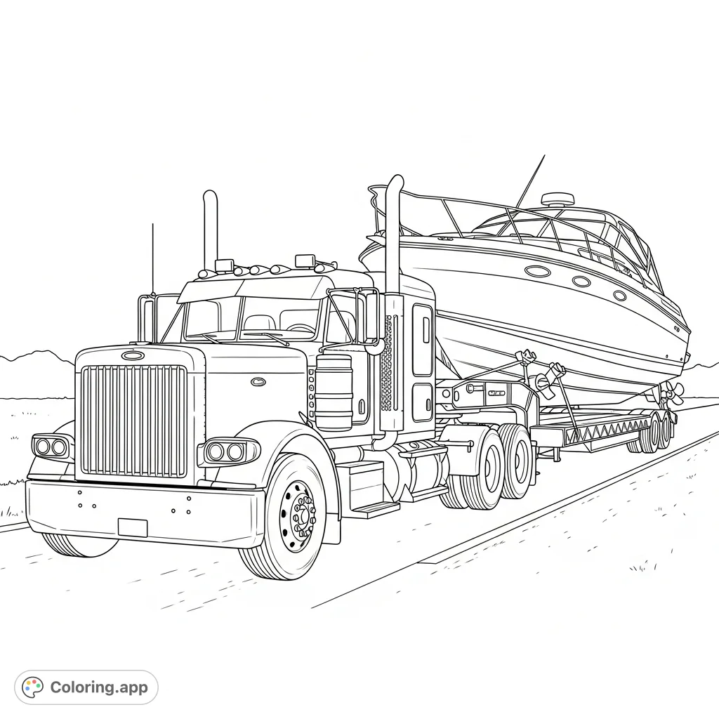 A detailed coloring page featuring a powerful semi-truck towing a classic 1995 Sea Ray 370 Sundancer boat on a gooseneck trailer down a highway.