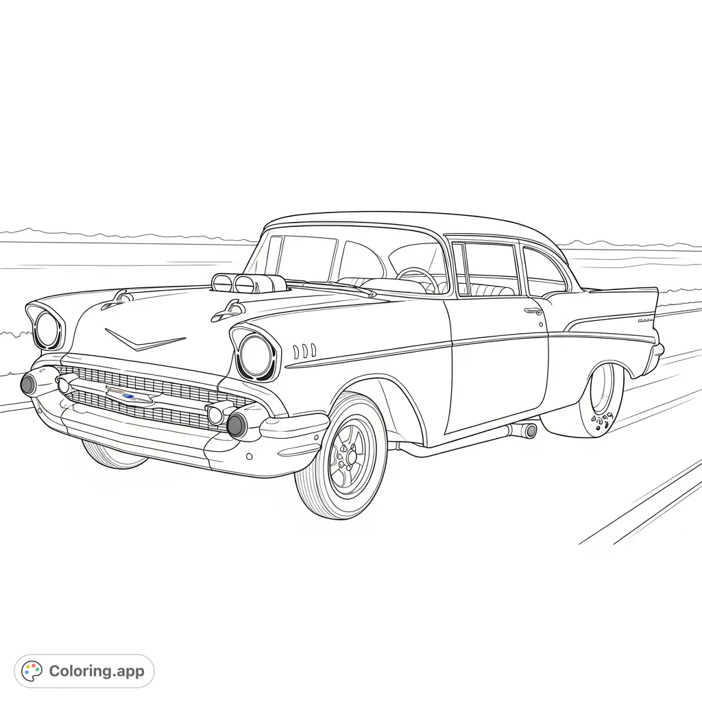 Experience the thrill of classic drag racing with this powerful 1957 Chevy, slammed low with massive tires, speeding down the road. Perfect for car enthusiasts!