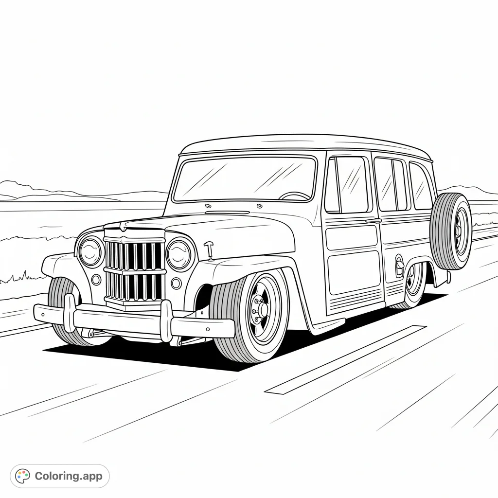 Cruise down memory lane with this free printable 1957 Jeep Willys Wagon coloring page. A classic ride with a slammed stance, ready for your creative touch.