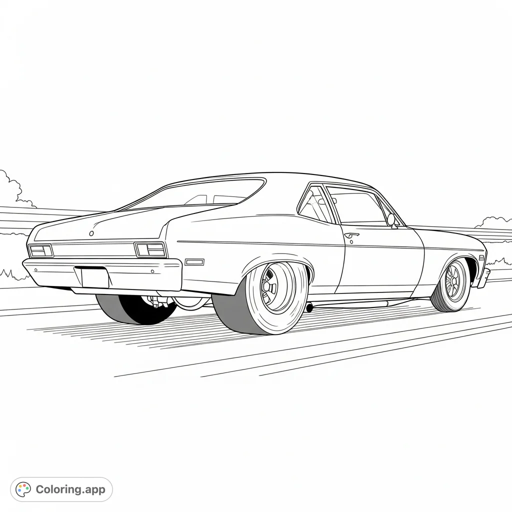 Experience the raw power of a slammed 1969 Nova with a big tubed drag tire cruising down the road. Perfect for muscle car enthusiasts and retro car fans.