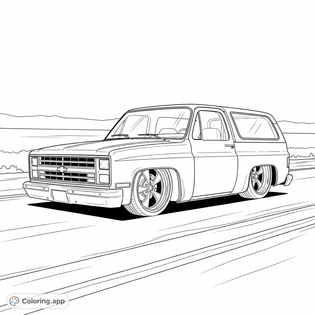 Dive into a classic! Color a slammed 1990 Chevy Blazer with custom wheels cruising down the road.