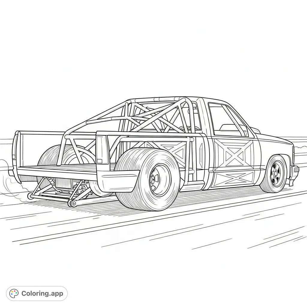 Experience the thrill of a custom 1995 Chevy truck coloring page. Featuring a slammed stance, big drag tire, and roll cage.