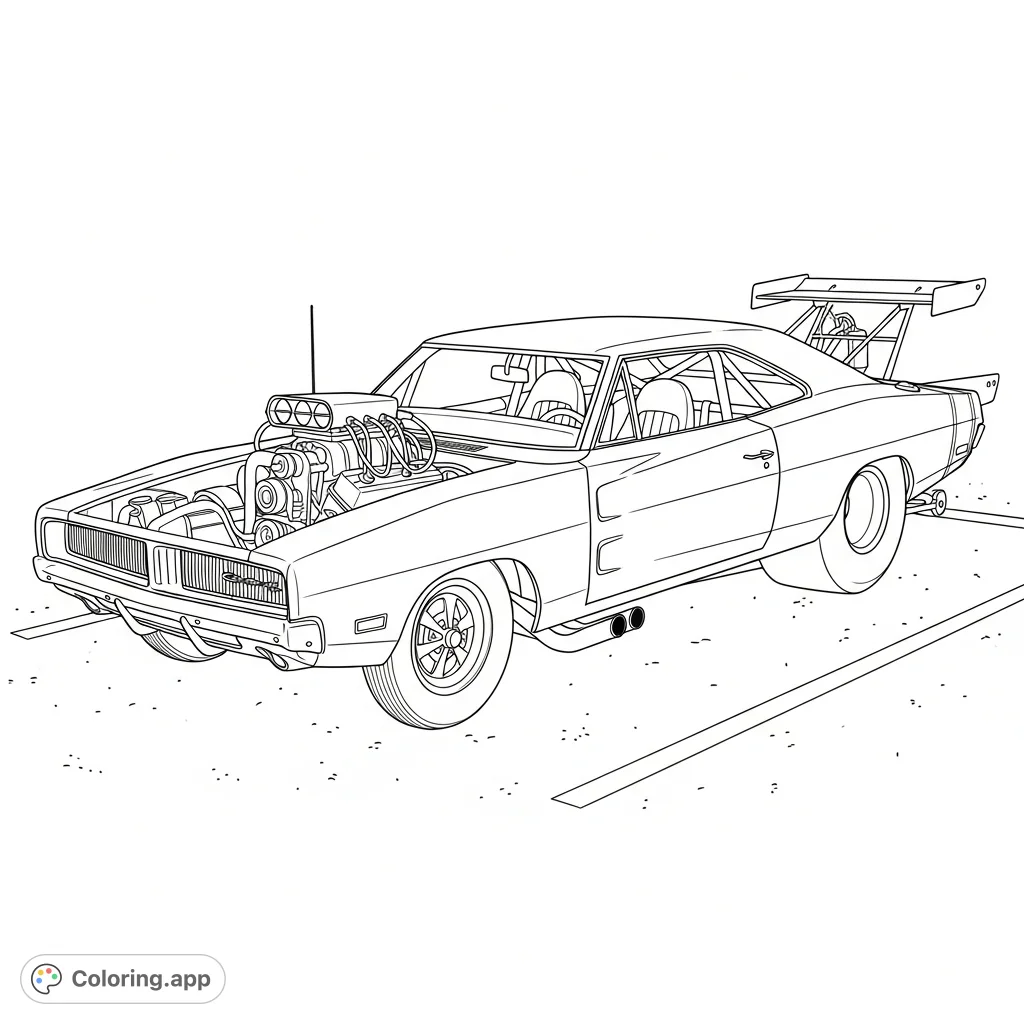 An imposing 1969 Dodge Charger drag car, aggressively slammed and showcasing racing modifications, waits patiently in a parking spot. Ready for custom colors!