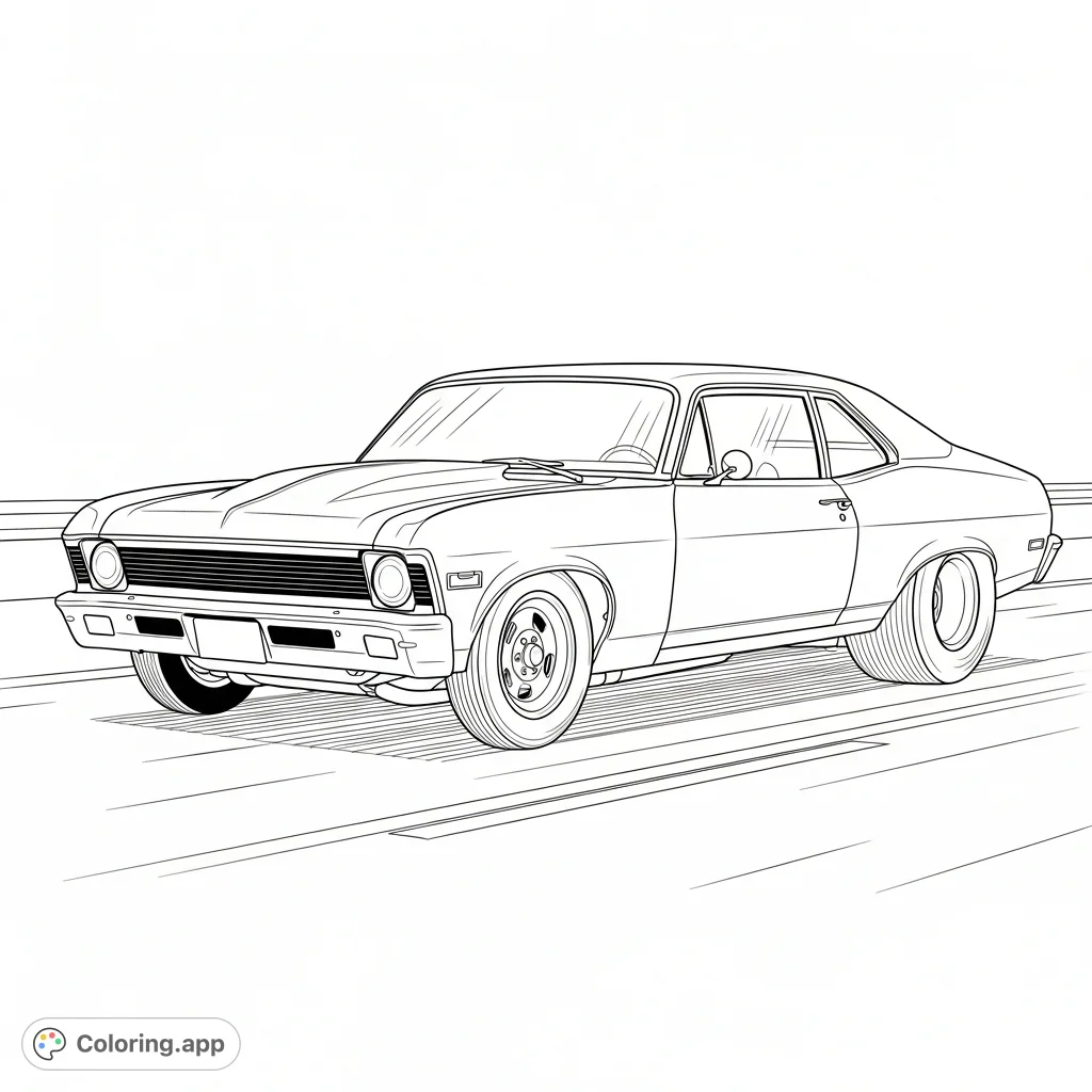 Experience the raw power of a custom 1969 Nova, slammed with massive rear drag tires, cruising down the road. A classic muscle car coloring page.