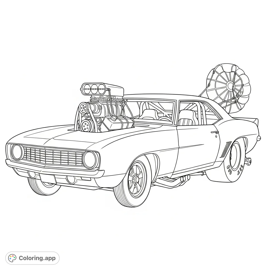 Unleash your creativity on a detailed 1968 Chevy Camaro drag car, featuring a massive pro mod screw blower motor and aggressive, slammed stance.