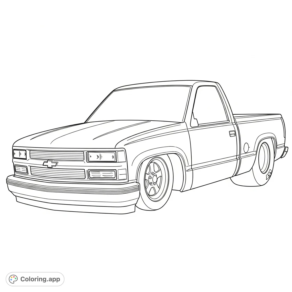 Unleash your creativity on this detailed 1995 Chevy drag truck coloring page, featuring a slammed stance and impressive tubbed rear tires.