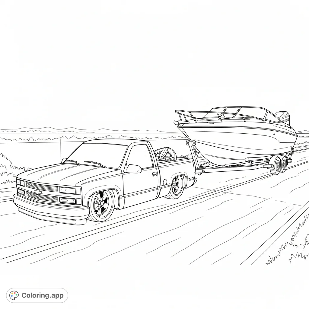 Experience the thrill of the open road with a custom slammed 1995 Chevy truck towing a sleek 1999 Switzer 250ss boat. A detailed vehicle enthusiast's dream.