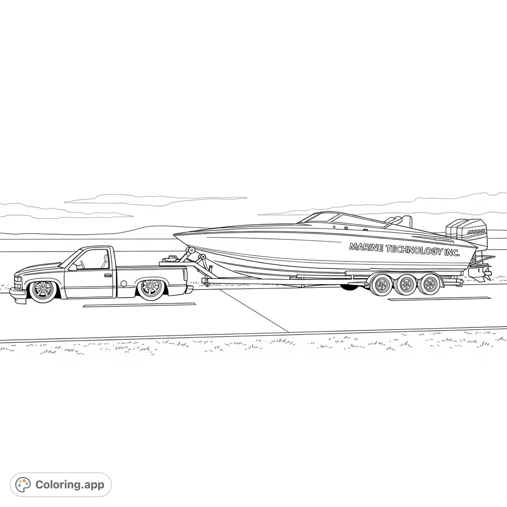 A detailed 1995 slammed Chevy truck tows a sleek Marine Technology Inc race boat. Perfect for vehicle enthusiasts and speed lovers!