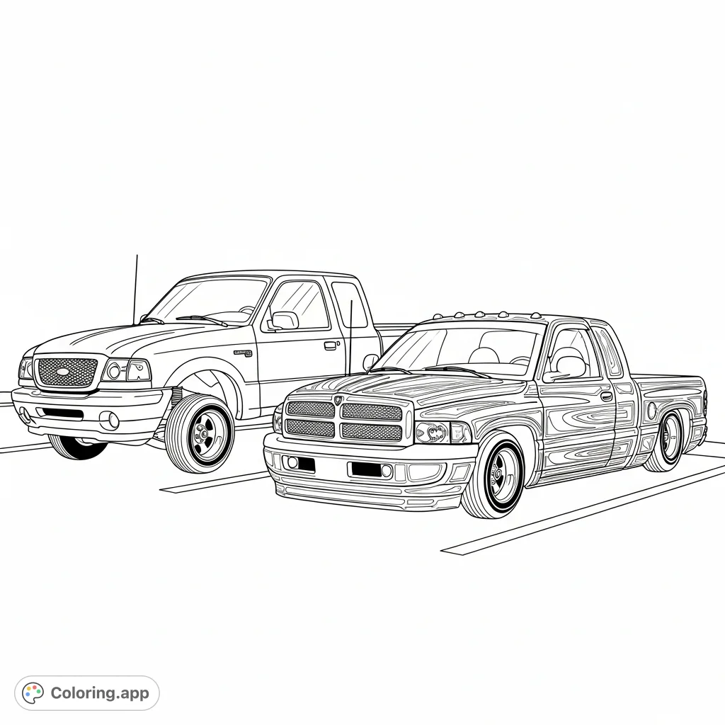 Experience the cool vibe of custom low rider trucks. A slammed 1998 Ford Ranger and a 1998 Dodge Ram with intricate custom paint await your creative touch.
