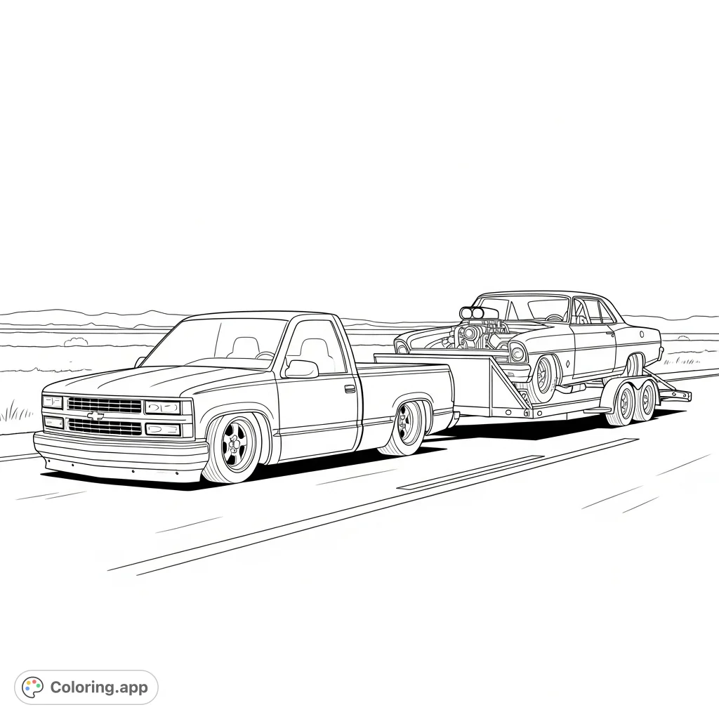 Capture the thrill of classic drag racing with a detailed 1995 Chevy truck towing a legendary 1966 Nova drag car. Perfect for automotive enthusiasts.