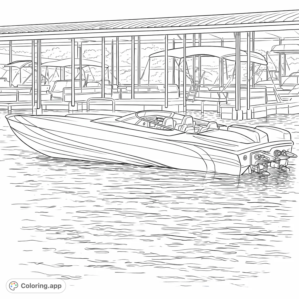 Dive into coloring this detailed powerboat cutting through the water, with a busy dock background. Perfect for motor enthusiasts to personalize with their favorite hues.