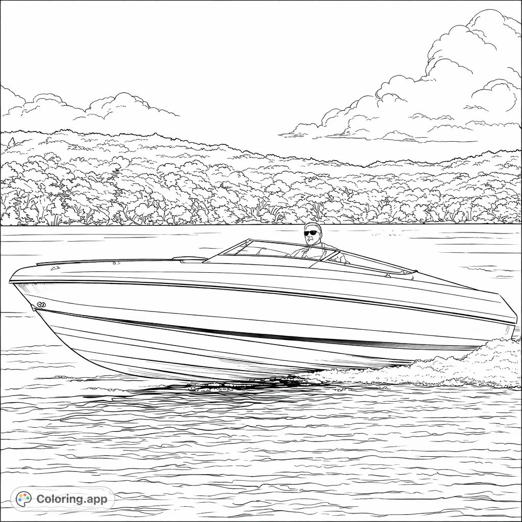 Experience the thrill of speed with this realistic speedboat coloring page. Featuring a sleek vessel cutting across water, set against a detailed natural landscape.