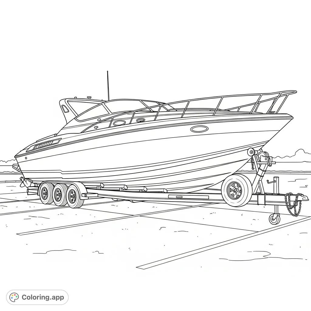 Color a detailed 2002 32 Sunsation Dominator performance boat on its trailer in a parking lot. A fantastic boat coloring page for vehicle enthusiasts!