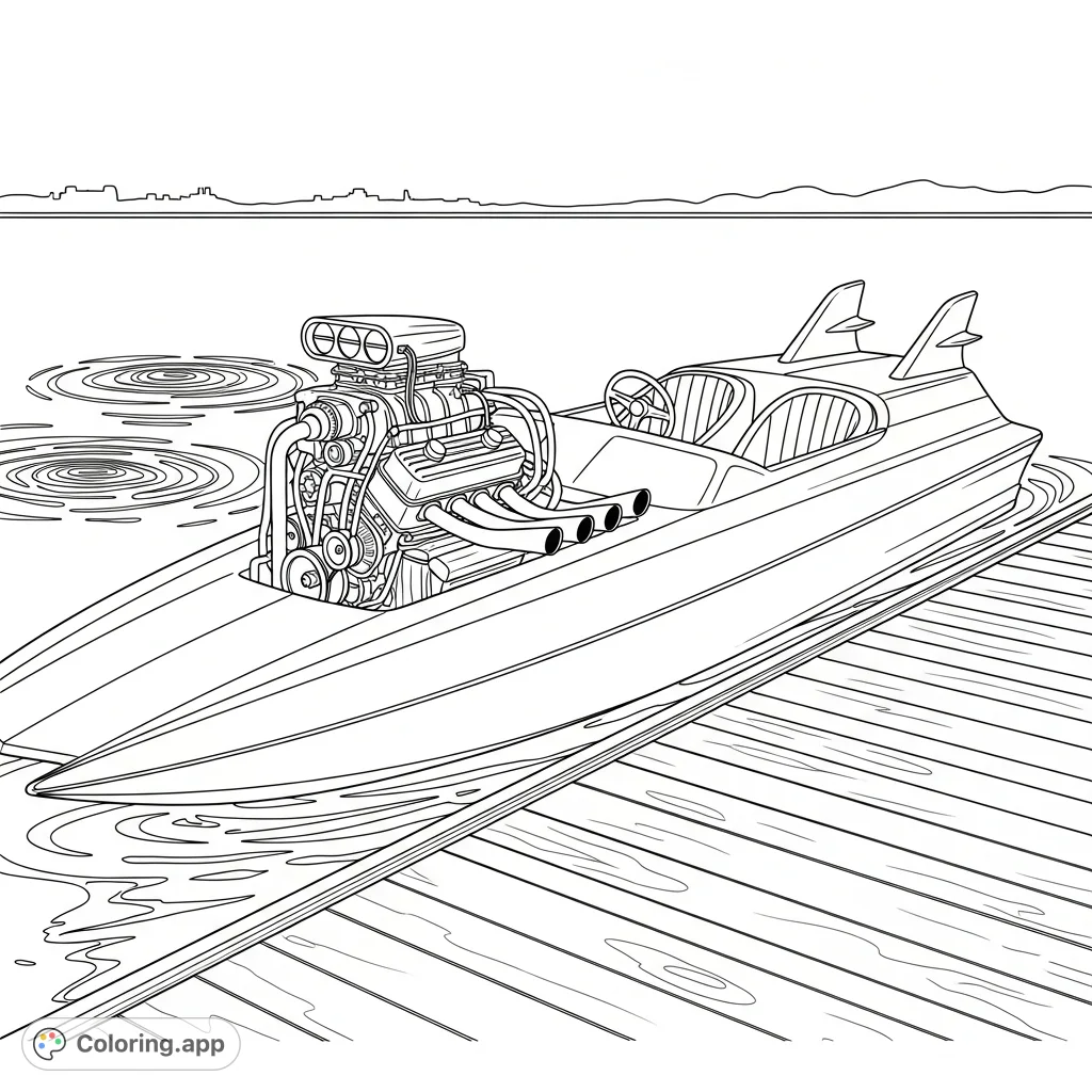 Explore a detailed vintage drag boat coloring page, showcasing a powerful exposed engine, sleek hull, and classic racing fins docked in a tranquil harbor.