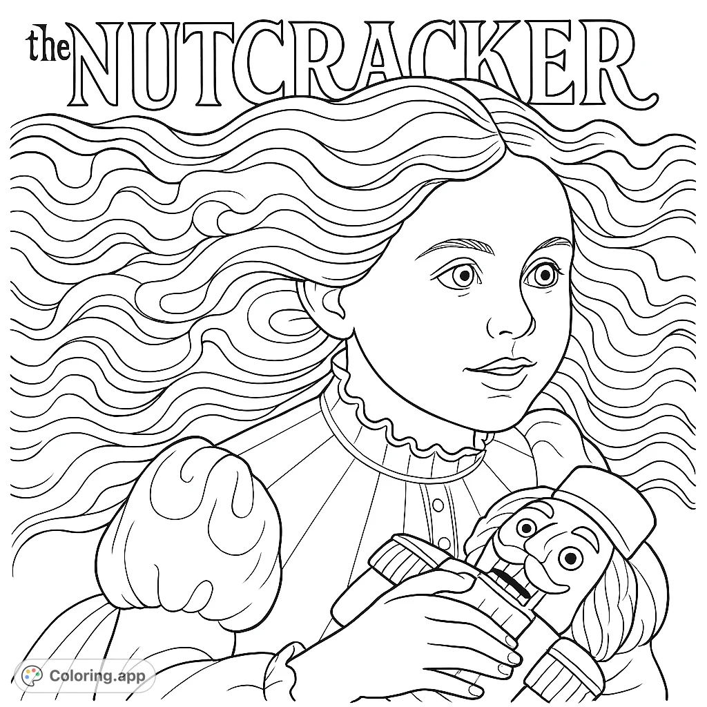 Step into a classic fairytale with this charming Nutcracker coloring page, featuring a young girl holding her beloved doll. Perfect for fans of the ballet and winter stories.