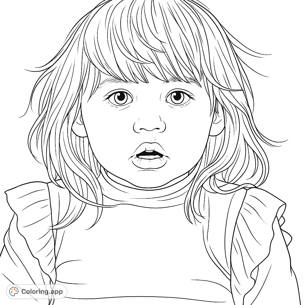 An endearing child portrait coloring page featuring a young one with expressive eyes and textured hair, perfect for personalizing with your creative touch.