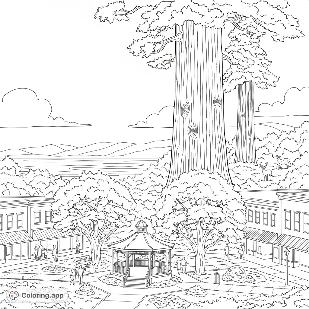 Explore Arcata, CA, with this free printable coloring page featuring the historic Plaza, towering redwoods, and scenic coastline. Perfect for all ages!