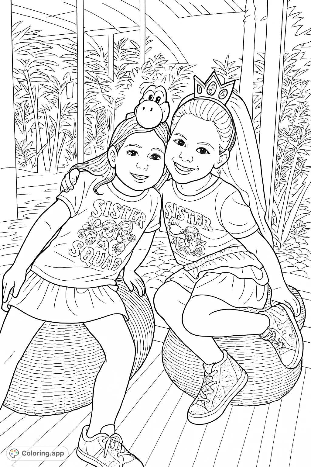 Capture the heartwarming bond of two cheerful girls, one with a playful character headband and the other a princess crown, sitting on textured stools.