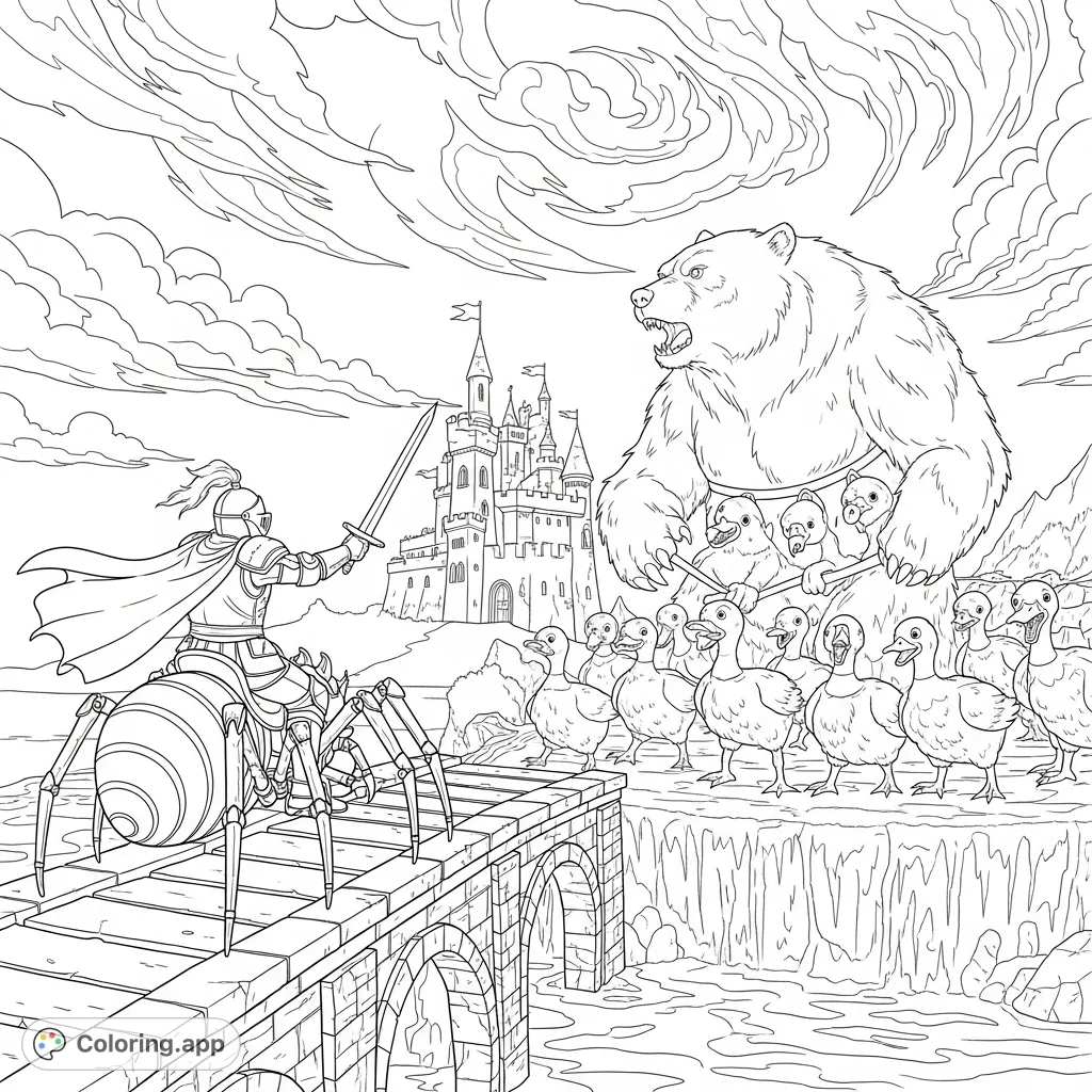 An epic fantasy coloring page featuring a knight on a robot spider battling a giant waterbear and zombie ducks on a dilapidated bridge leading to a fearsome castle.