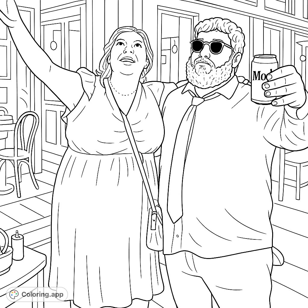 Join two friends celebrating at a lively event. This fun coloring page captures a moment of joy, perfect for anyone who loves social gatherings and good times.