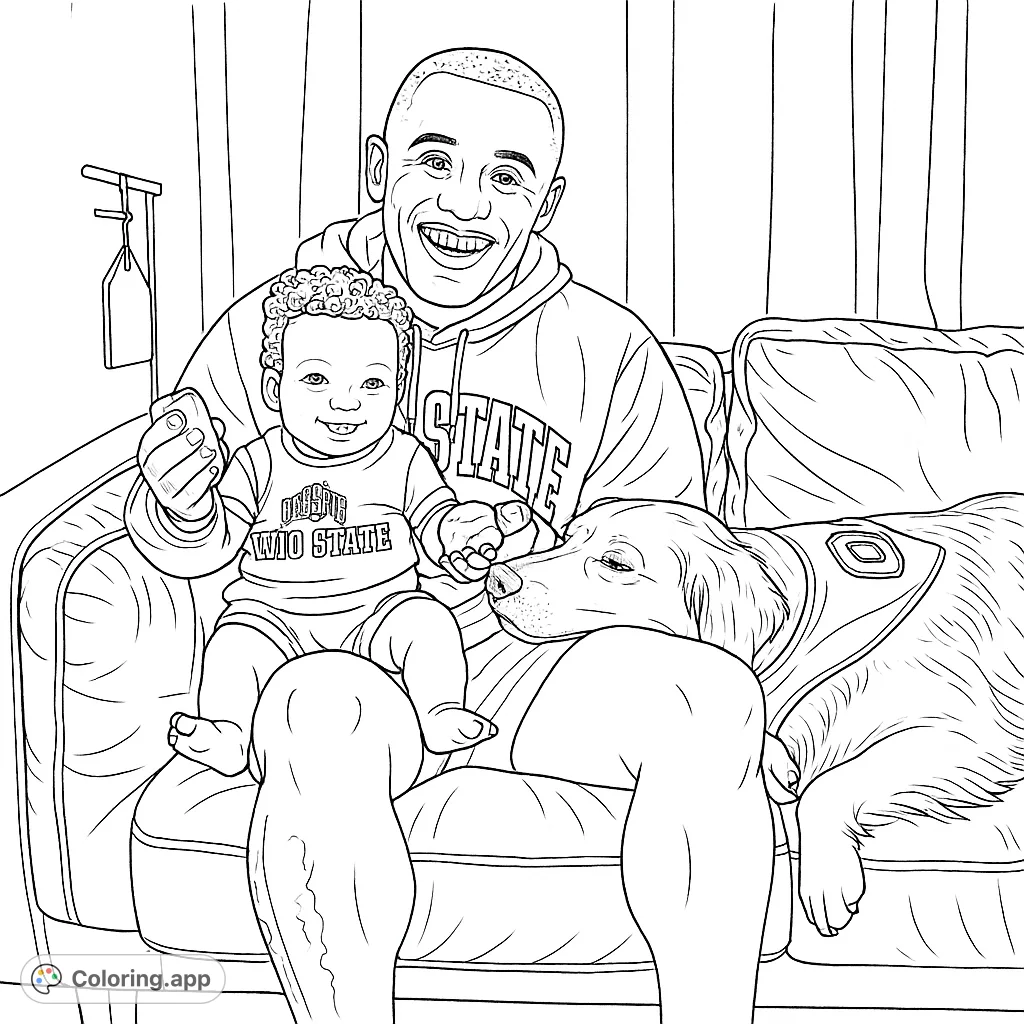 A heartwarming scene featuring a man, a joyful baby, and a loyal dog sharing a cozy moment on a couch. Perfect for family and sports enthusiasts!