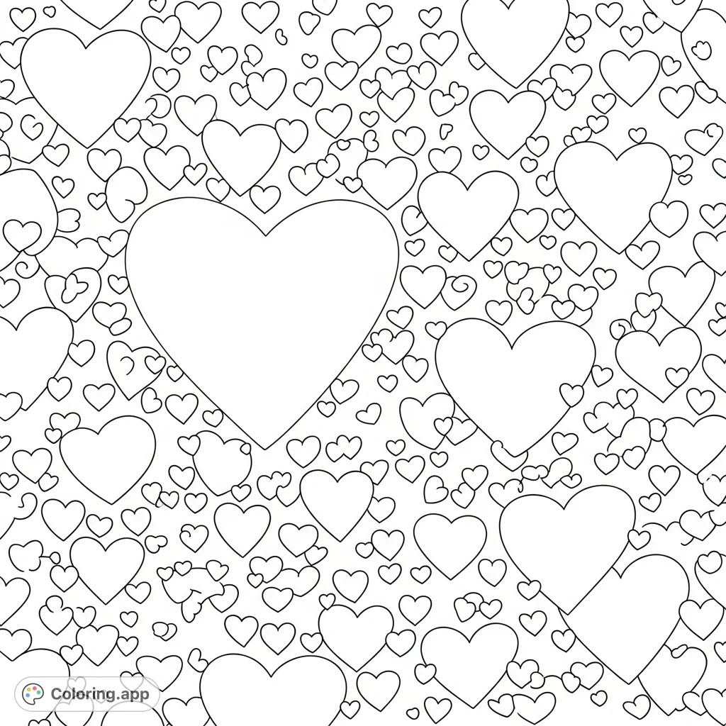 Intricate abstract hearts coloring page with big and small hearts scattered densely. A challenging free printable page, perfect for detailed coloring and expressing creativity for adults.