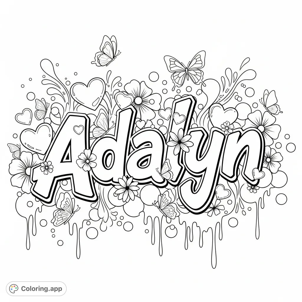 A dynamic graffiti "Adalyn" name, embellished with hearts, flowers, and butterflies, set amidst a lively backdrop of drips, bubbles, and swirls.