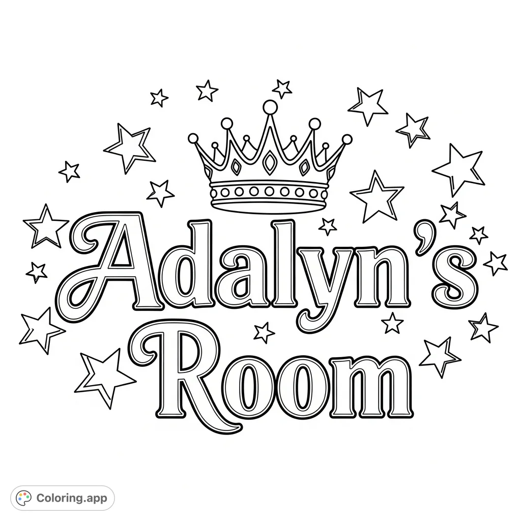 'Adalyn's Room' in elegant script with a regal crown and scattered stars. A charming, personalized coloring page for creative expression and fun.
