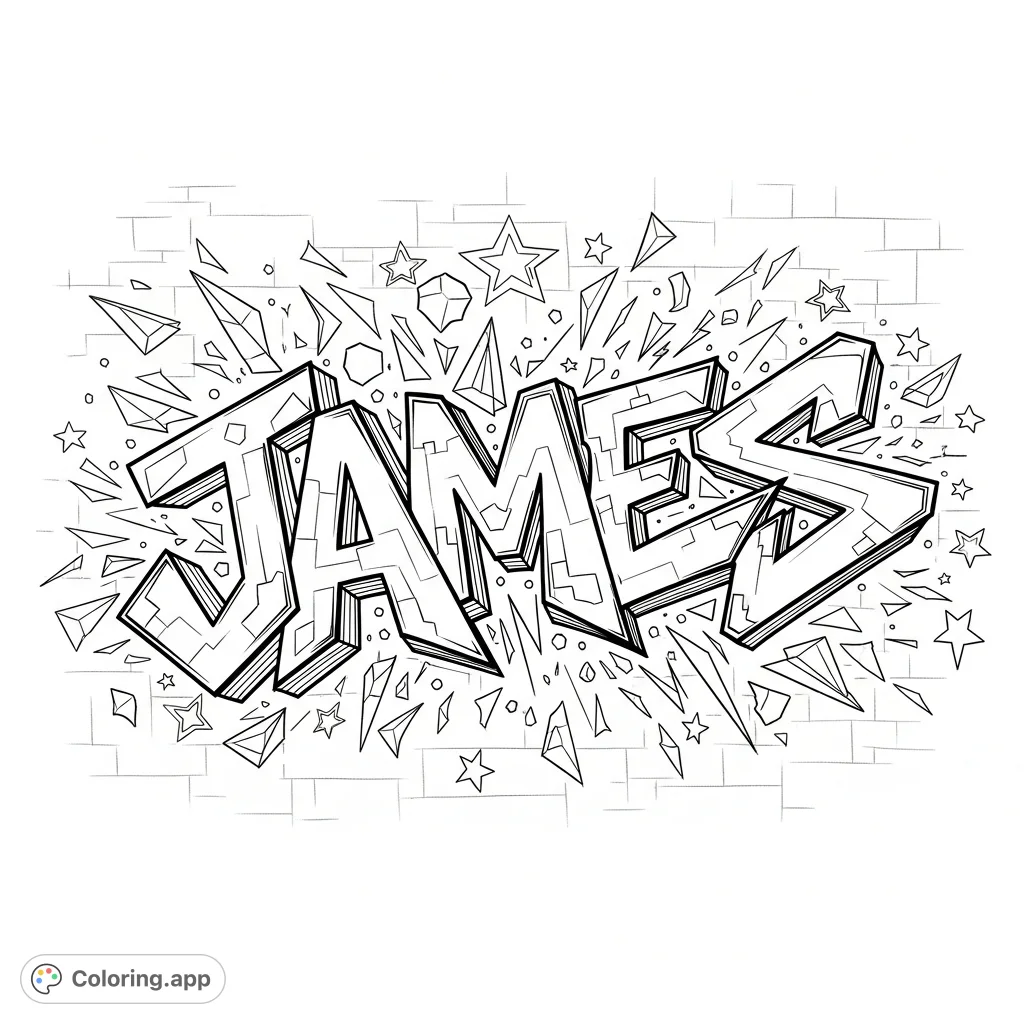 Unleash your creativity with this dynamic 'James' graffiti coloring page, featuring bold lettering, sharp angles, and energetic scattered shapes.