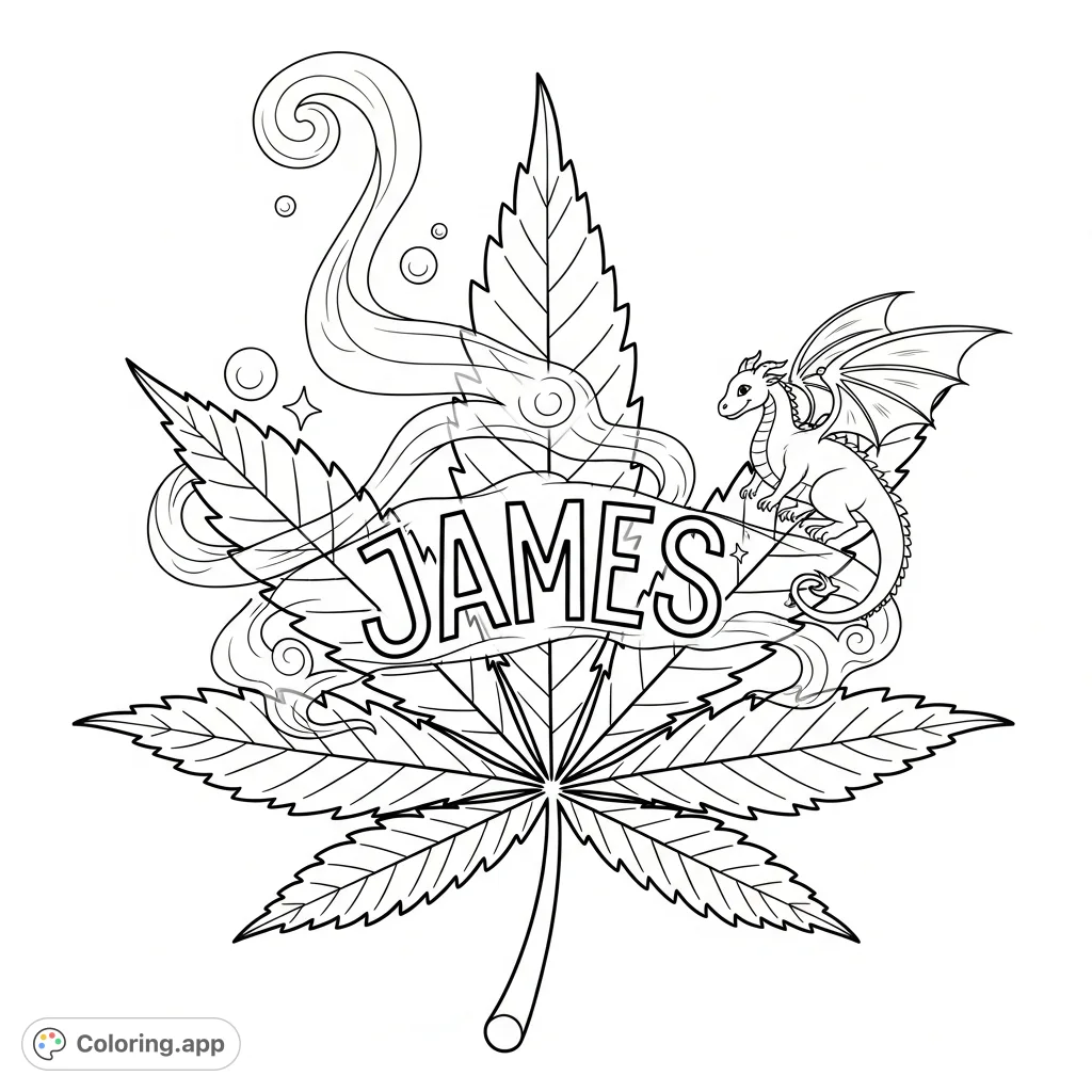 A detailed cannabis leaf with intricate venation and serrated lobes, featuring the name 'JAMES' clearly inscribed within its center. A unique and personalized design.