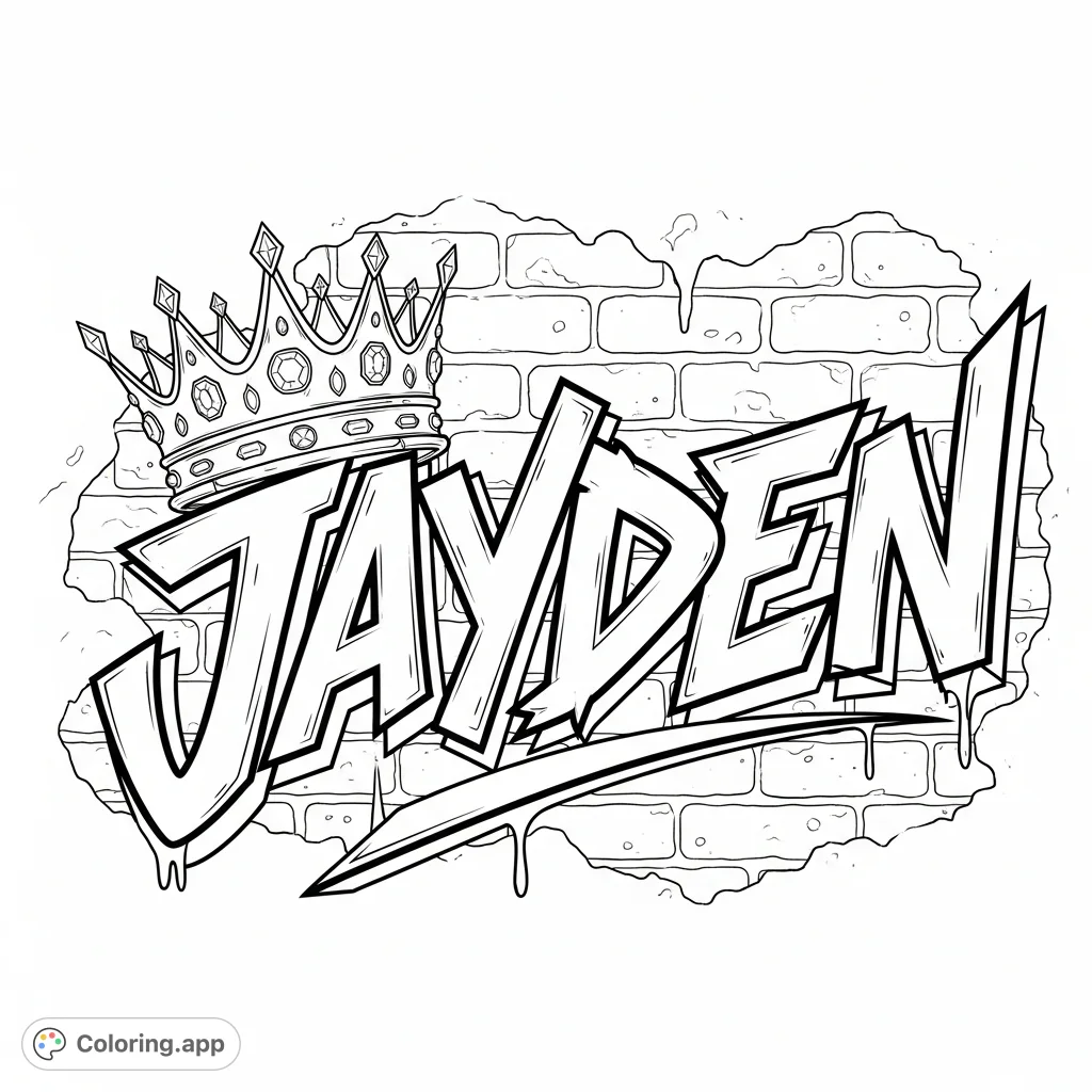 Unleash your creativity with this JAYDEN graffiti coloring page, featuring bold, layered script, a detailed crown, and an urban brick wall background. Perfect for street art fans!