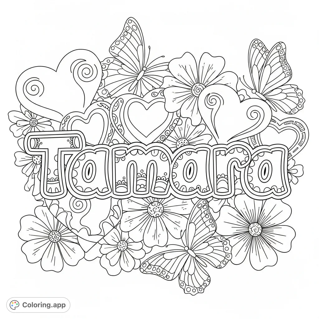 Dynamic Tamara graffiti-inspired coloring page. Features bold lettering, intricate hearts, delicate flowers, and graceful butterflies for creative expression.