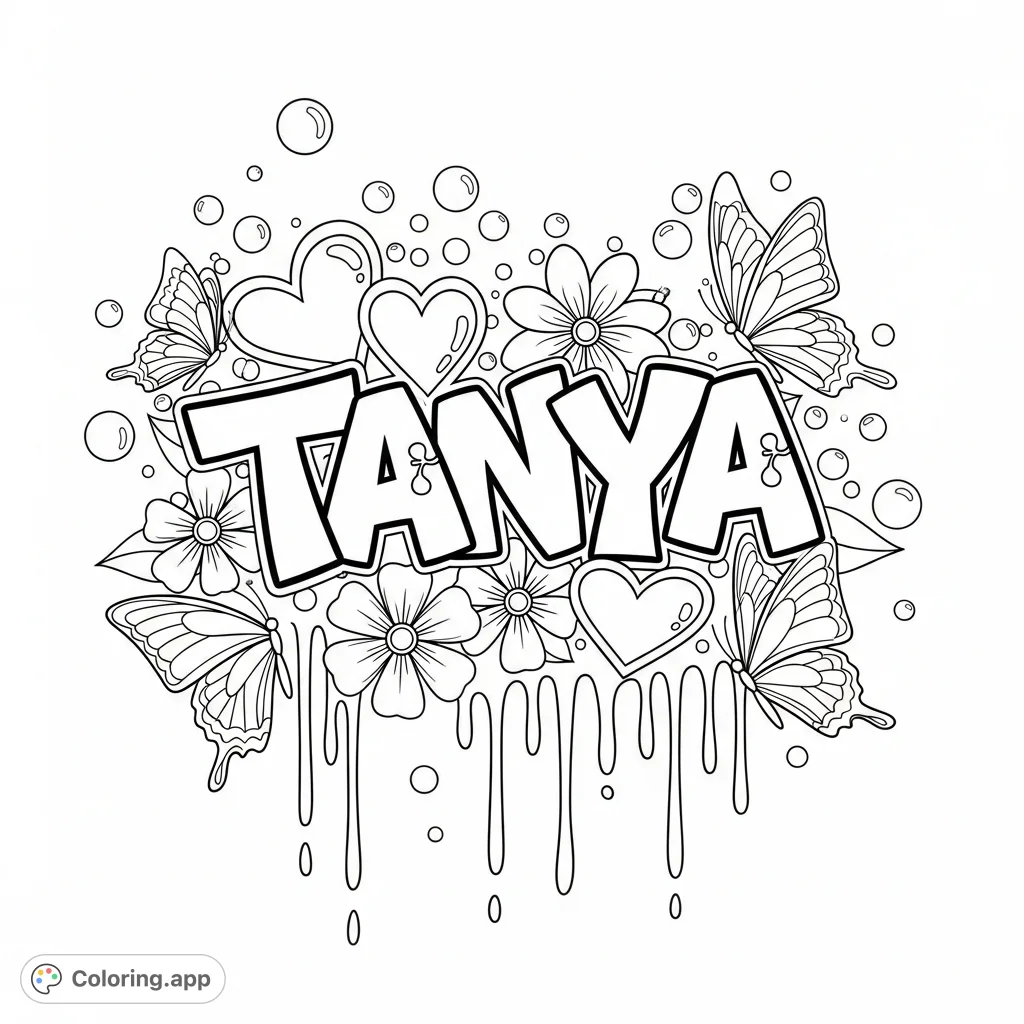 A dynamic graffiti-style coloring page featuring the name "Tanya" with bold, overlapping letters, surrounded by hearts, flowers, and butterflies on a bubbly, dripping background.