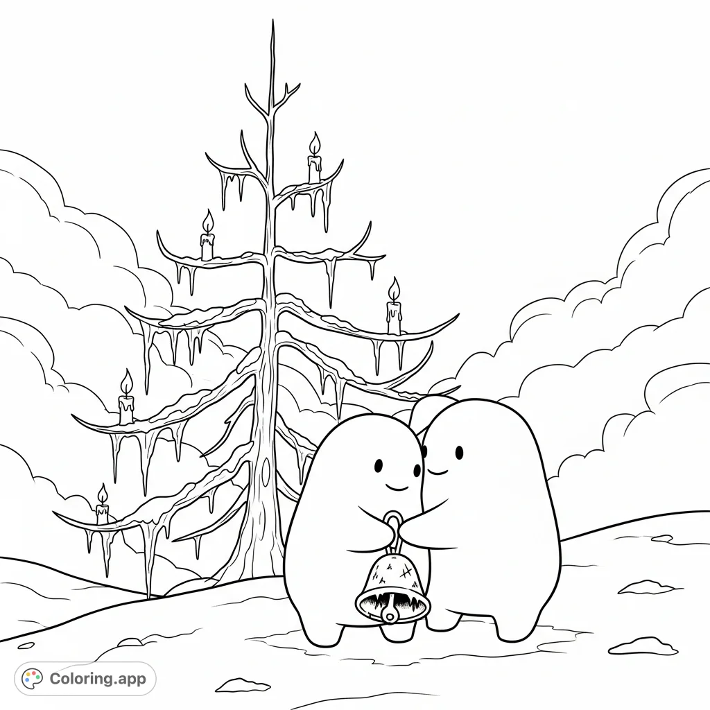 Capture a poignant winter scene with two Pon and Zi type creatures on a snow-covered hill, beneath a skeletal tree with flickering candles and icicles.