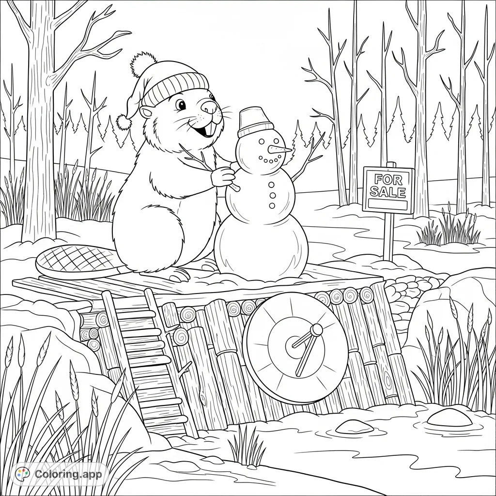 A festive beaver in a Santa hat crafts a snowman near his unique dam, complete with a satellite dish and a 'For Sale' sign in a snowy boreal forest.