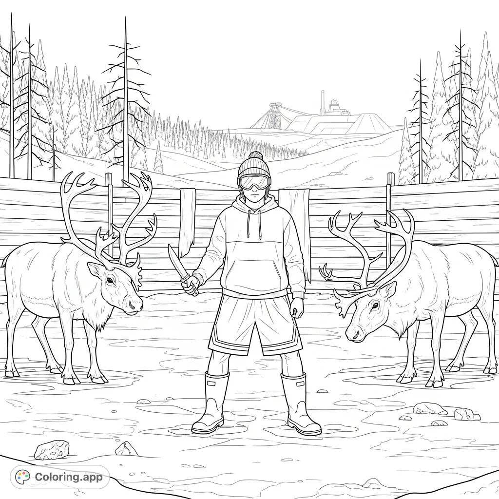 An intense battle scene featuring a solitary figure facing two caribou in a makeshift arena within a harsh, snow-covered boreal forest, with a distant mine site.