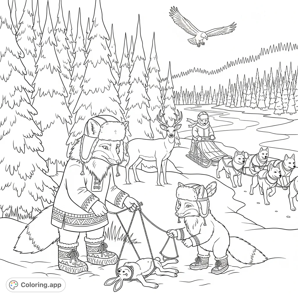 Explore a detailed Boreal forest winter scene coloring page featuring foxes, a dogsled, and wildlife. Perfect for nature and animal lovers!