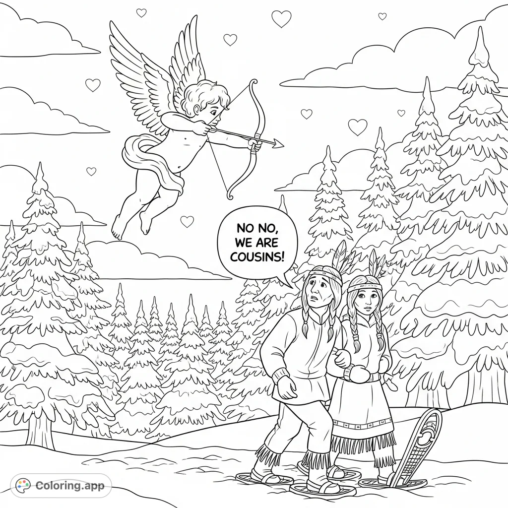 A whimsical scene featuring a cherub aiming a bow over a Native American couple traversing a snow-laden conifer forest. A speech bubble adds a unique twist.