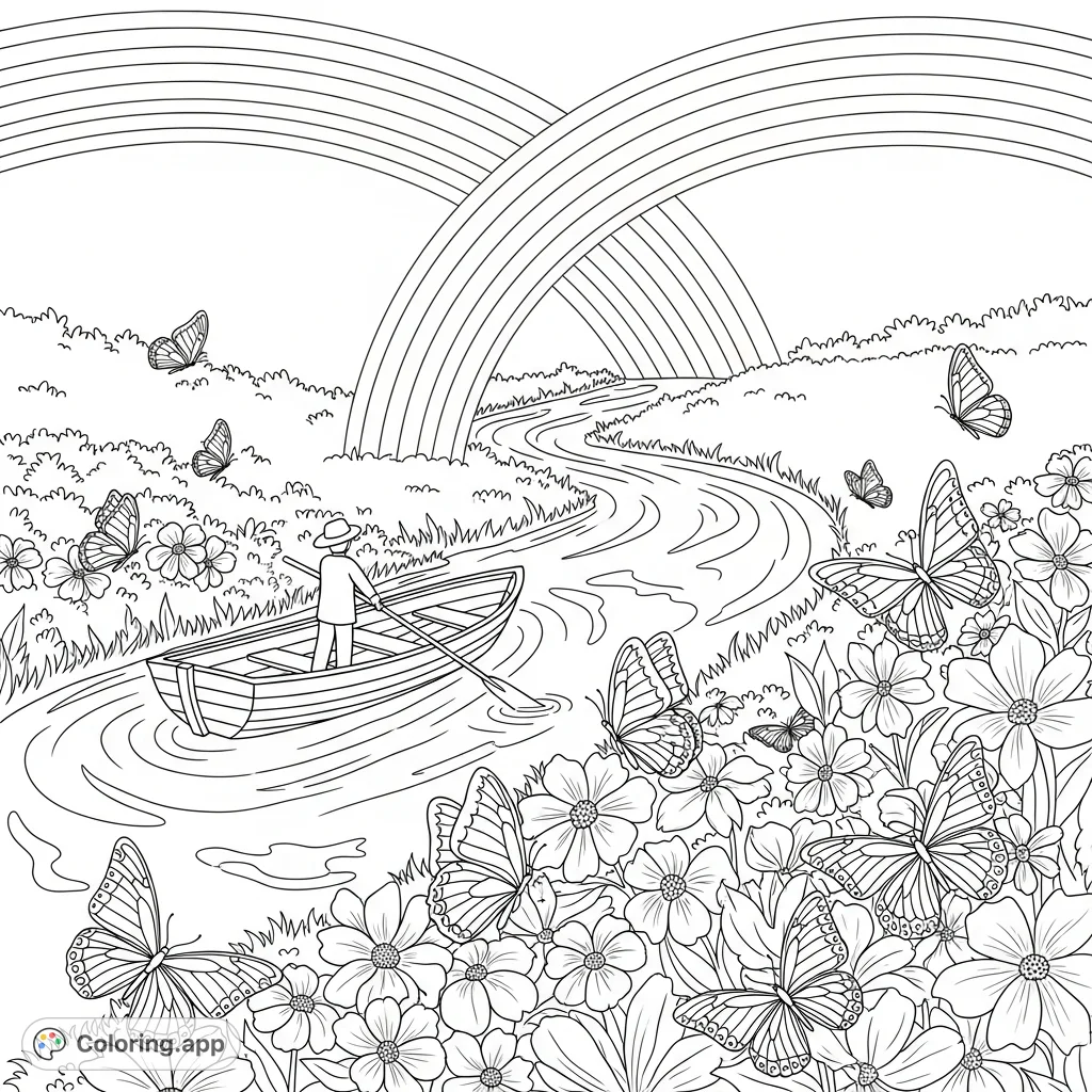 A whimsical coloring page featuring a boat gently floating down a stream, surrounded by enchanting rainbows, delicate butterflies, and blooming flowers. A dreamlike scene awaits your artistic touch.