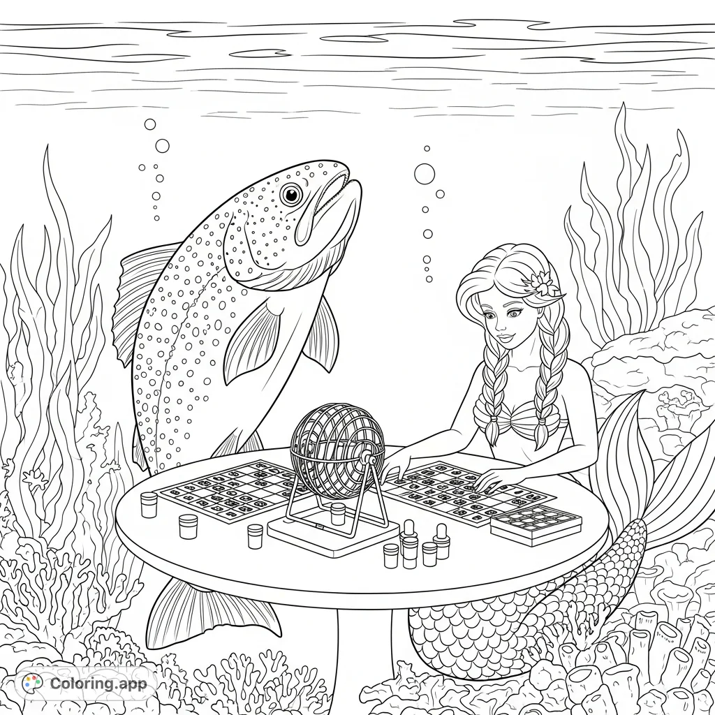 A whimsical scene of a giant trout and a mermaid with braided hair playing bingo at an underwater table, surrounded by marine life and bingo elements.