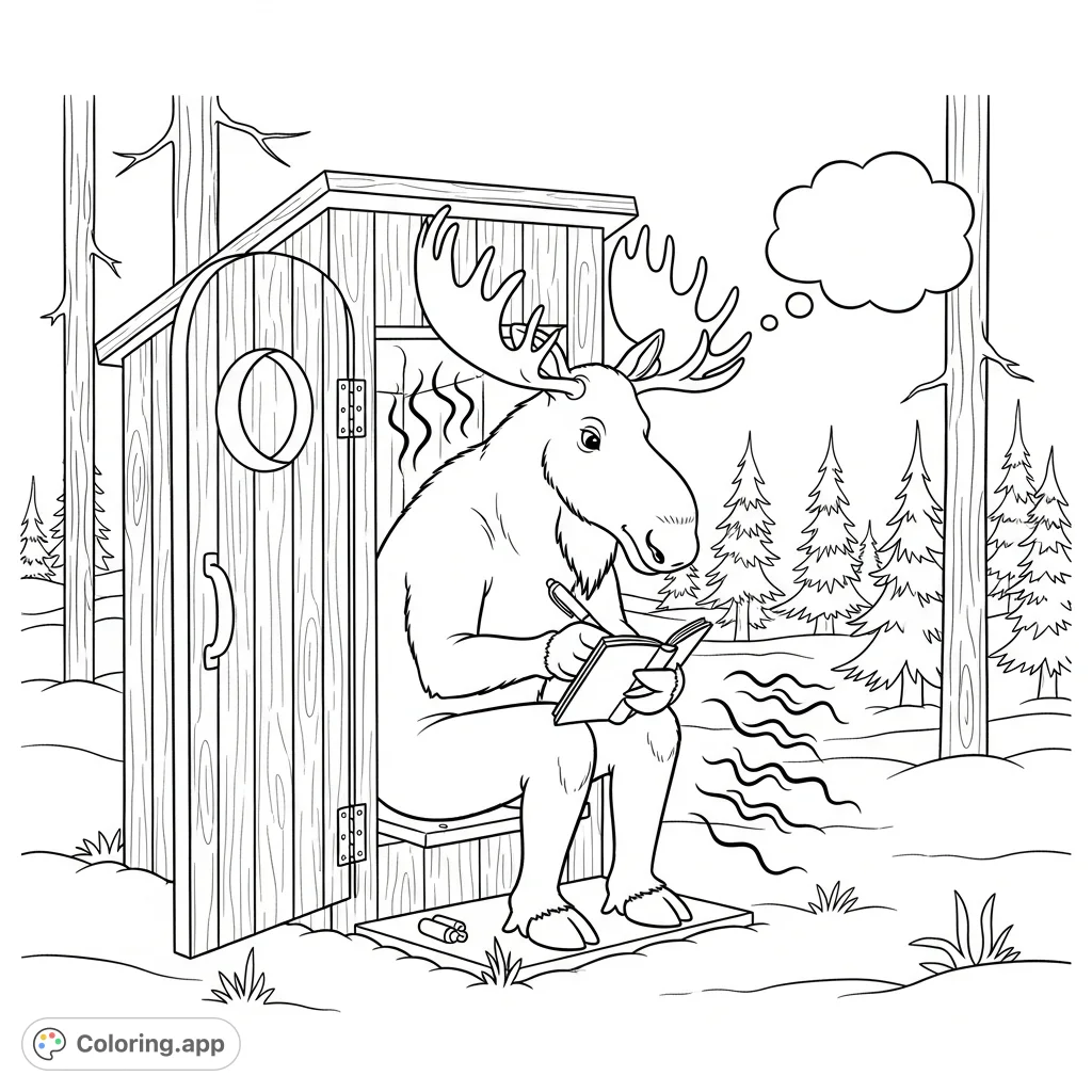 Discover a hilarious moose poet in a winter boreal forest, diligently writing in an outhouse. A unique, free printable moose coloring page for all ages!
