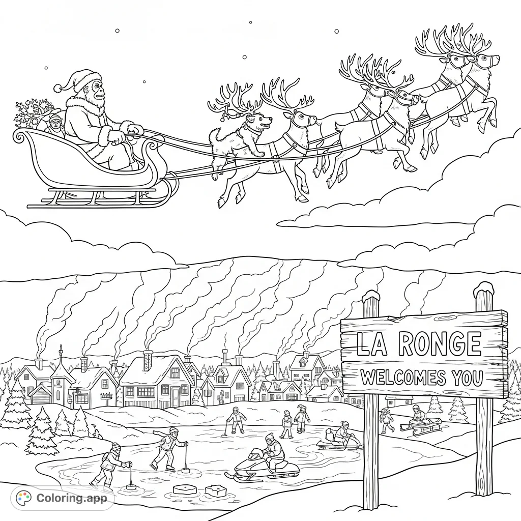 A whimsical Sasquatch Santa delivers gifts, soaring over a peaceful, snowy town with a dog-led reindeer team. A unique, festive winter scene.