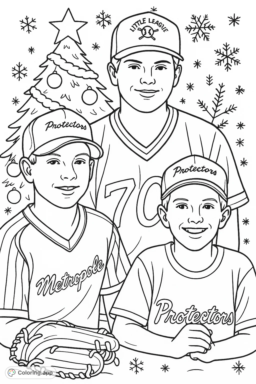 Capture the spirit of camaraderie with this festive baseball brothers coloring page. Three young players in uniforms, ready for fun!