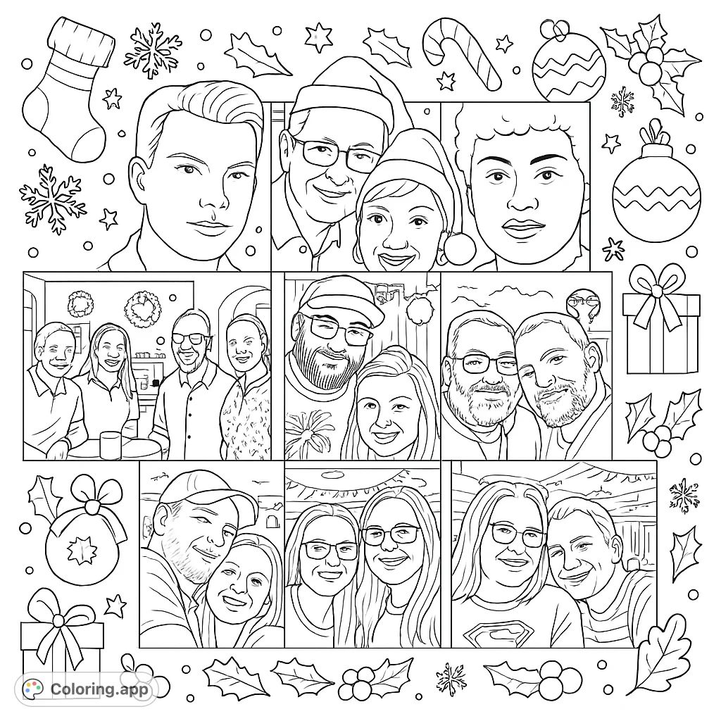 Create a heartfelt Christmas collage coloring page featuring diverse portraits and group photos, perfect for personalizing cherished holiday memories.