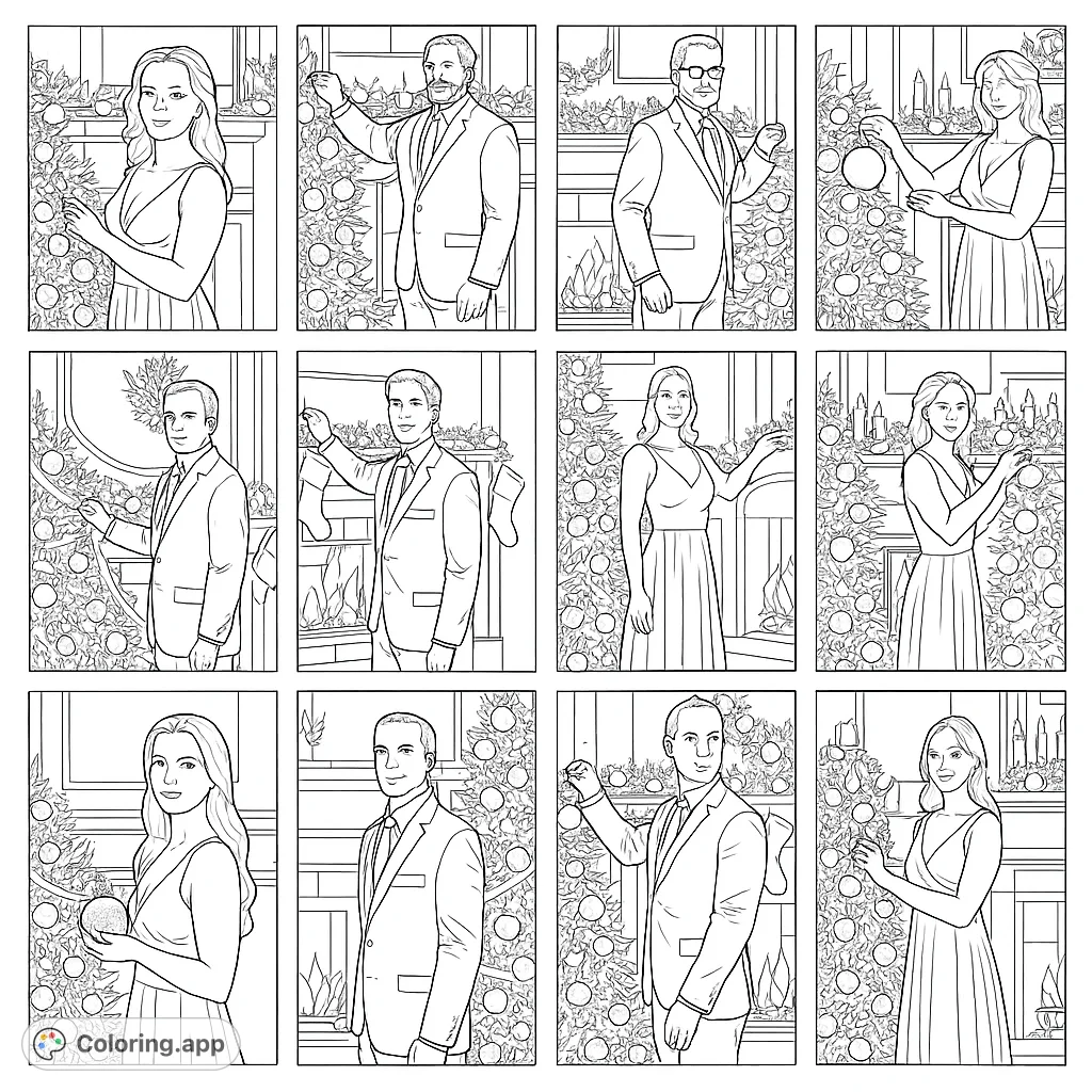 Celebrate the holidays with this Christmas coloring page! Features elegant individuals decorating festive trees and fireplaces in detailed, cozy room settings.