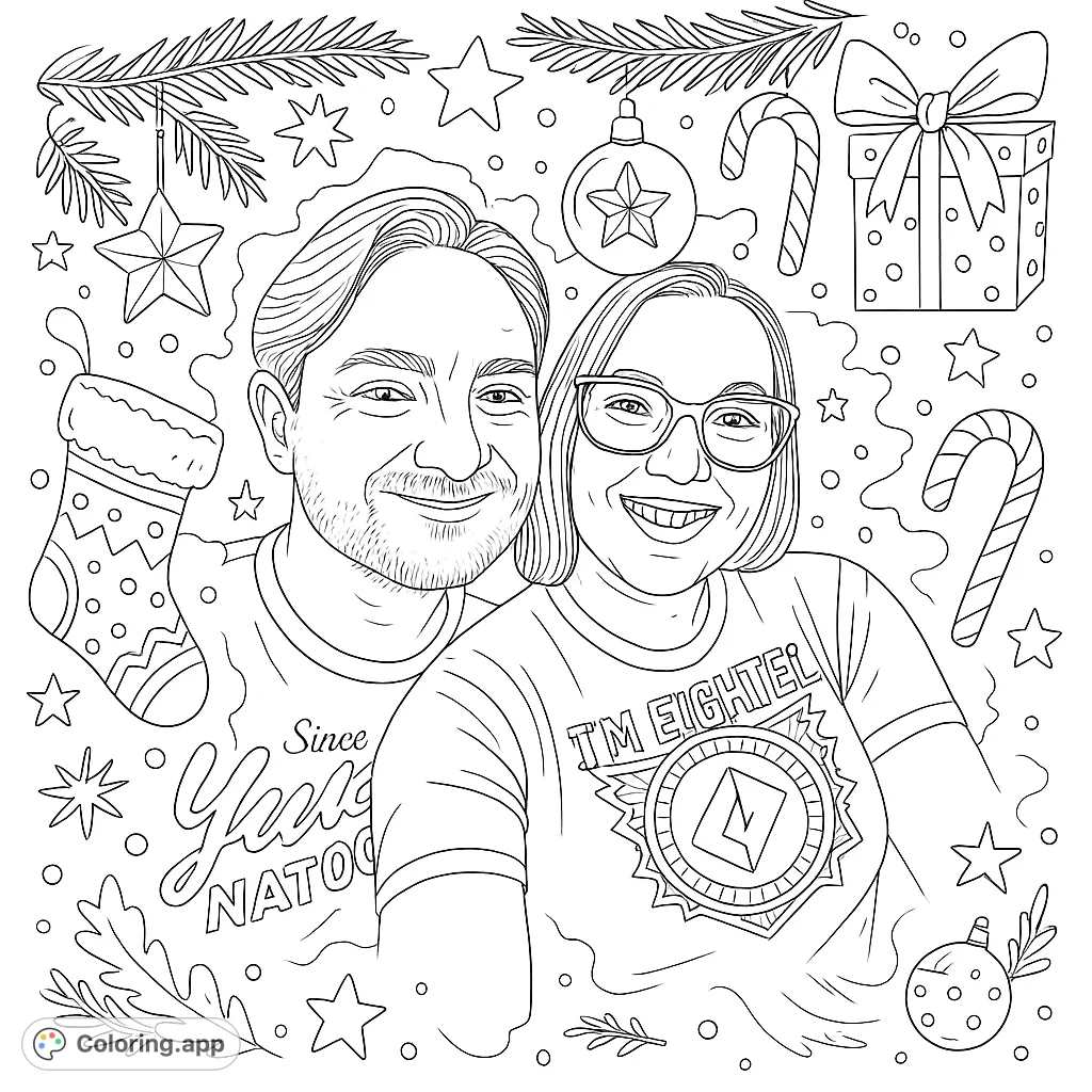 A joyful Christmas couple portrait coloring page! Capture holiday cheer with this free printable coloring page, perfect for teens and adults.