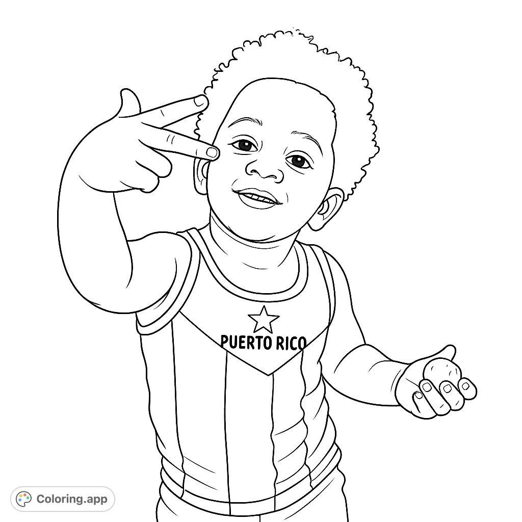 A charming child with curly hair smiles, making a peace sign, wearing a flag-themed tank top. A fun and expressive coloring page for all ages.